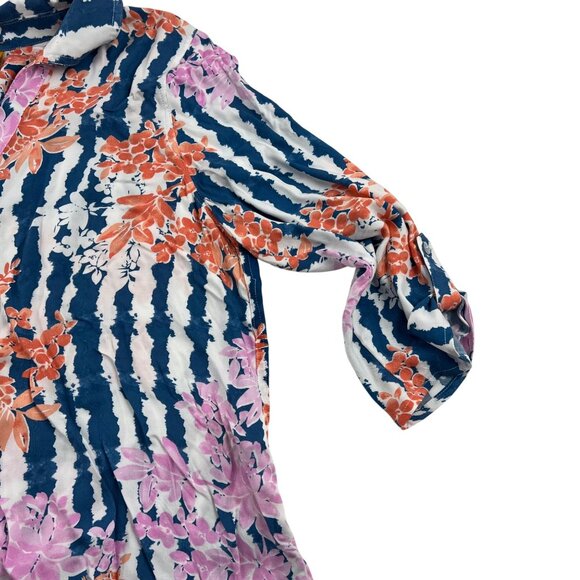 Ruby Rd. Floral Striped Blouse Navy Blue Pink Orange Size Large - Picture 6 of 7